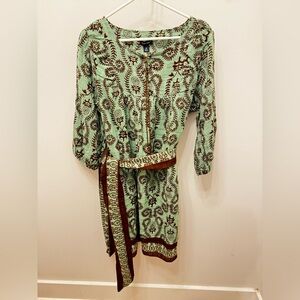 Studio Park Mint Green and Chocolate Brown Patterned Long Sleeve Dress